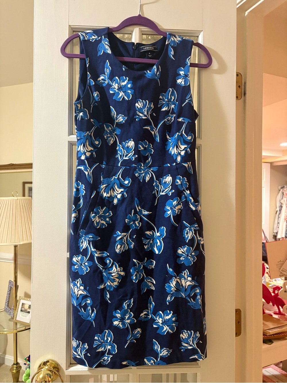 Lands' End Navy Blue Floral Sleeveless Sheath Dress